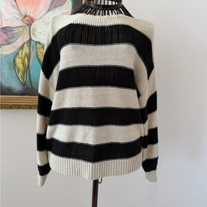 LOFT Scalloped Neckline Black and Cream Striped Sweater